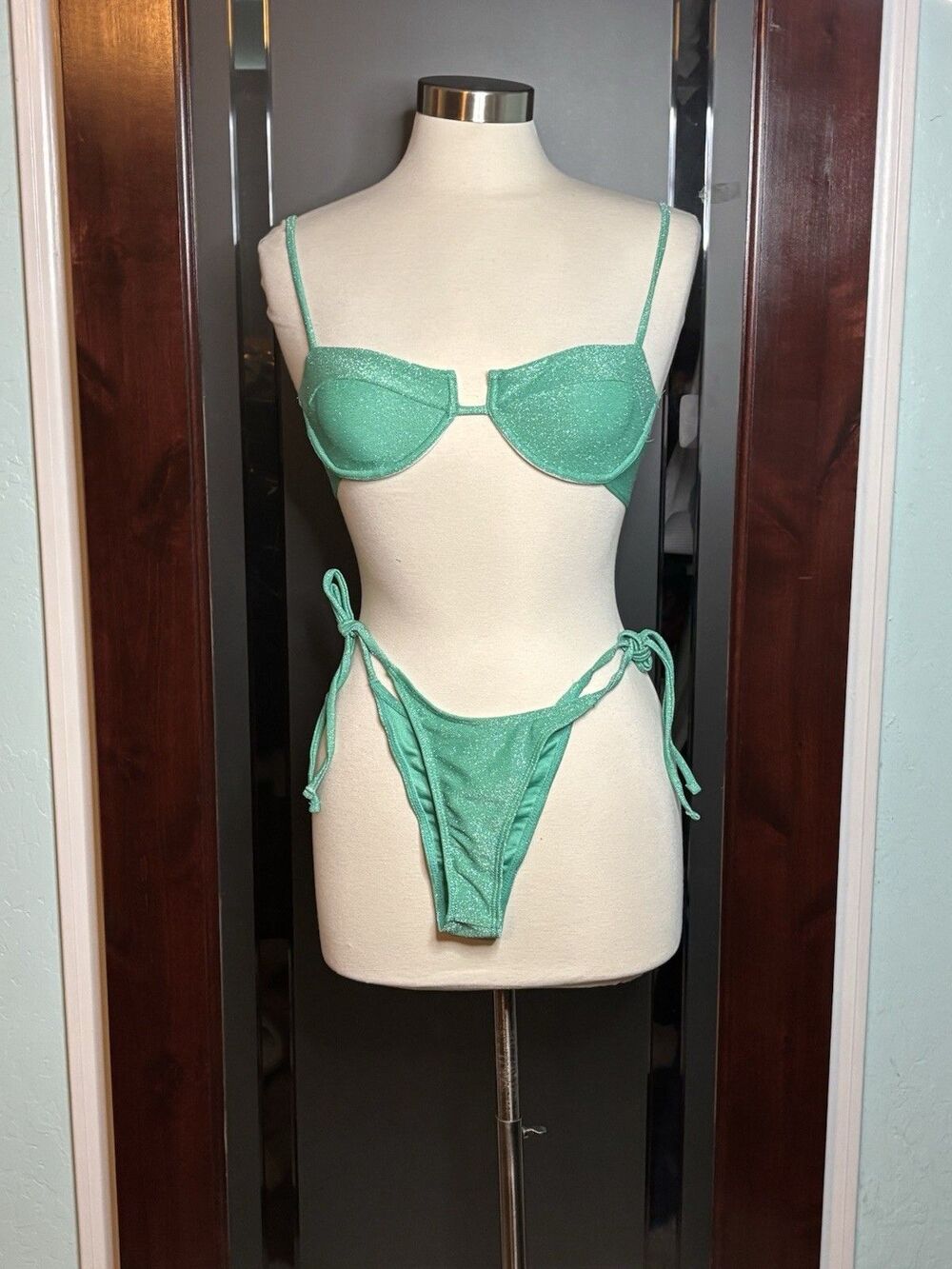 New Lightly Padded balconette String bikini Green sparkle Sz Small